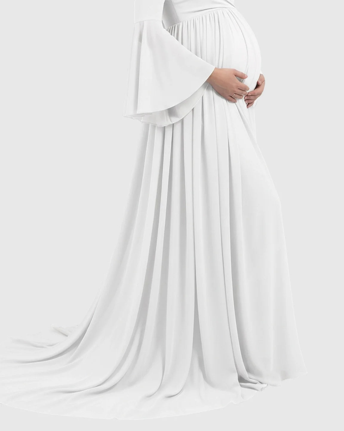 White chiffon maternity photoshoot gown with bell sleeves and a long train.
