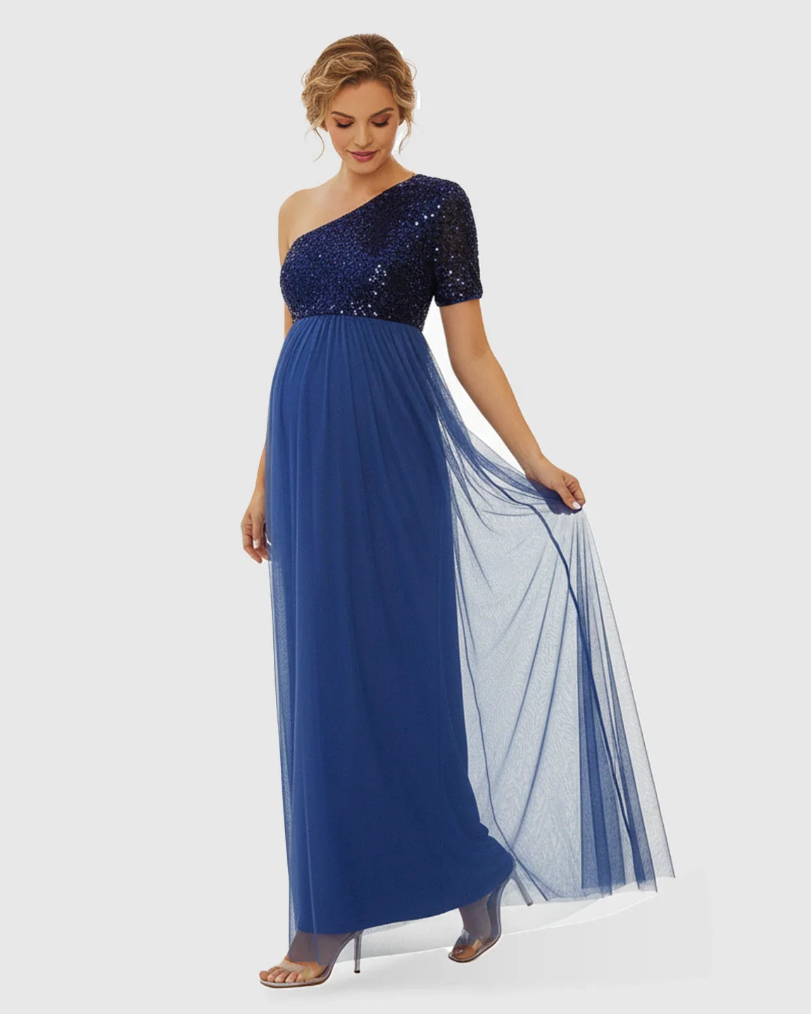 Bump Society – The Comfort Collection: Sequin One-Shoulder Glamour Maternity Maxi Dress