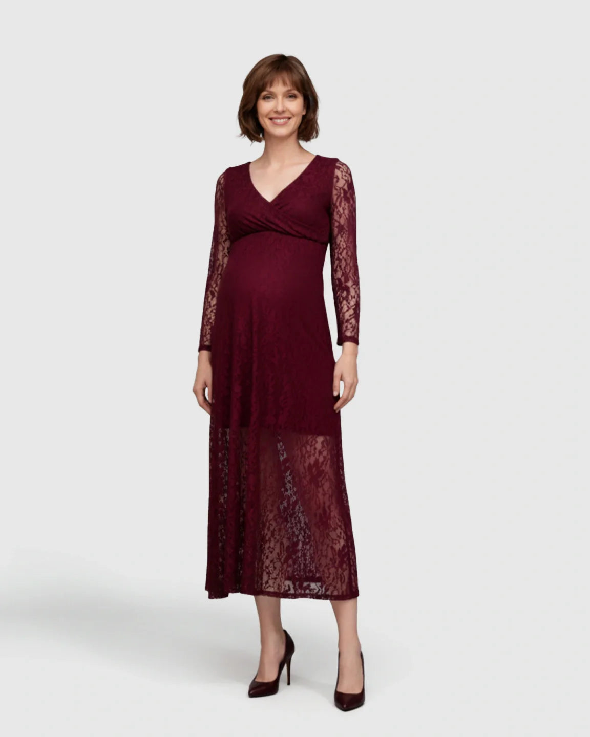 Bump Society – The Comfort Collection: Sheer Lace Long Sleeve Maternity Midi Dress