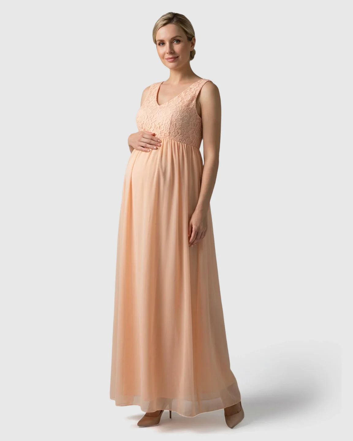 Bump Society – The Comfort Collection: Lace-Chiffon Romantic Maternity Maxi Dress
