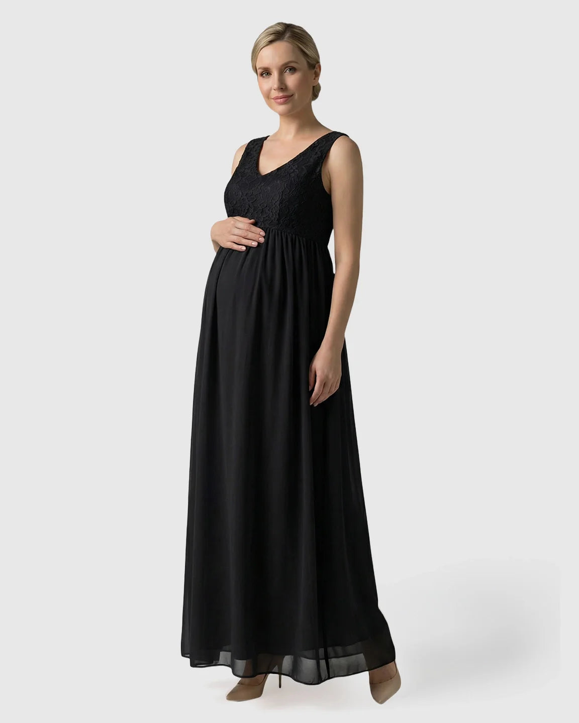 Bump Society – The Comfort Collection: Lace-Chiffon Romantic Maternity Maxi Dress