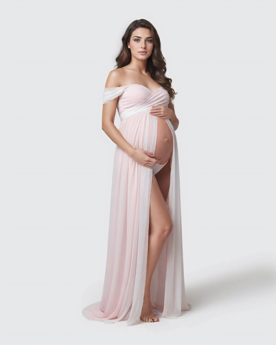 Bump Society – The Comfort Collection: Off-Shoulder Slit Floor-Length Maternity Gown