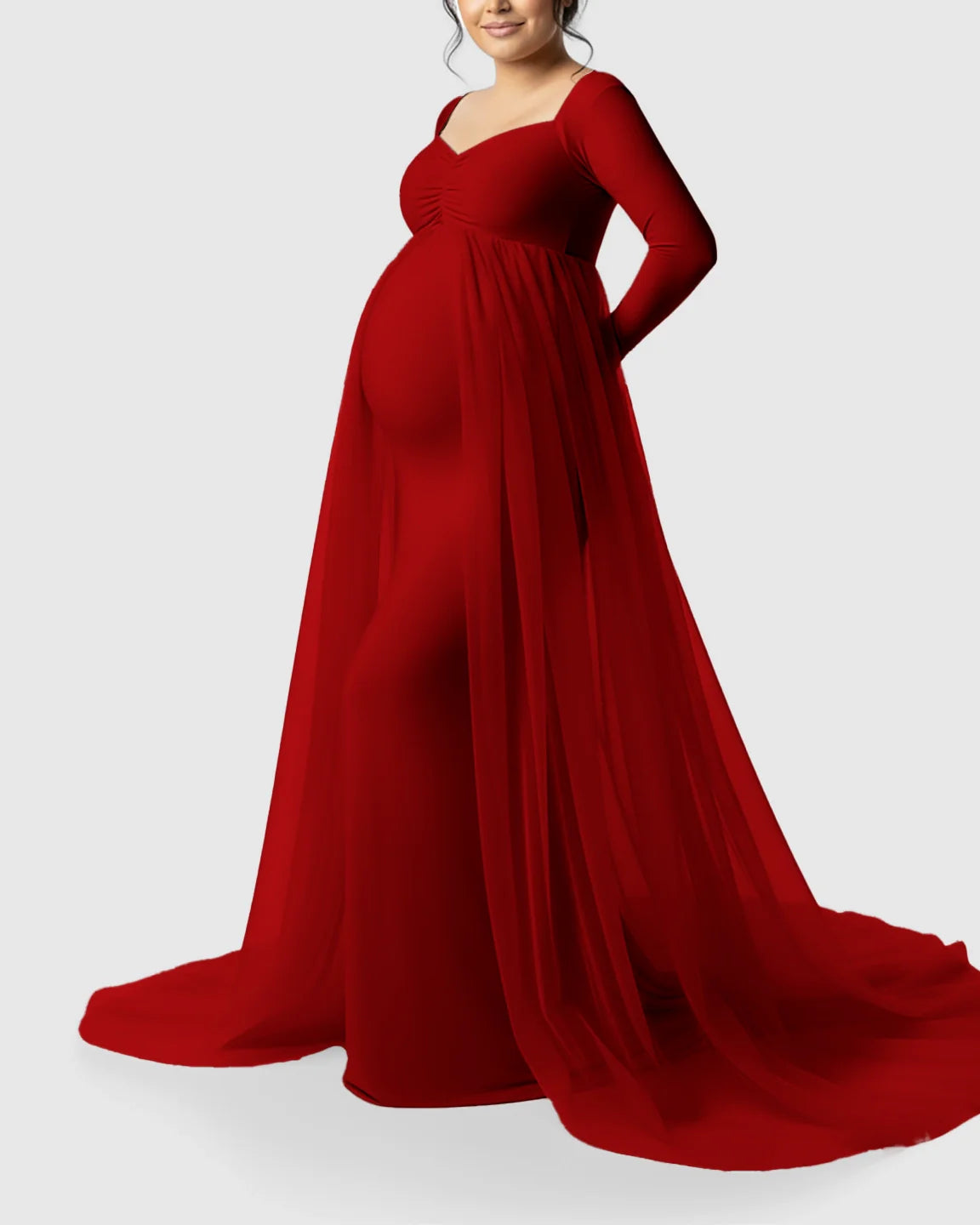 Bump Society – The Comfort Collection: Sheer Mesh Flowy Train Maternity Maxi Dress