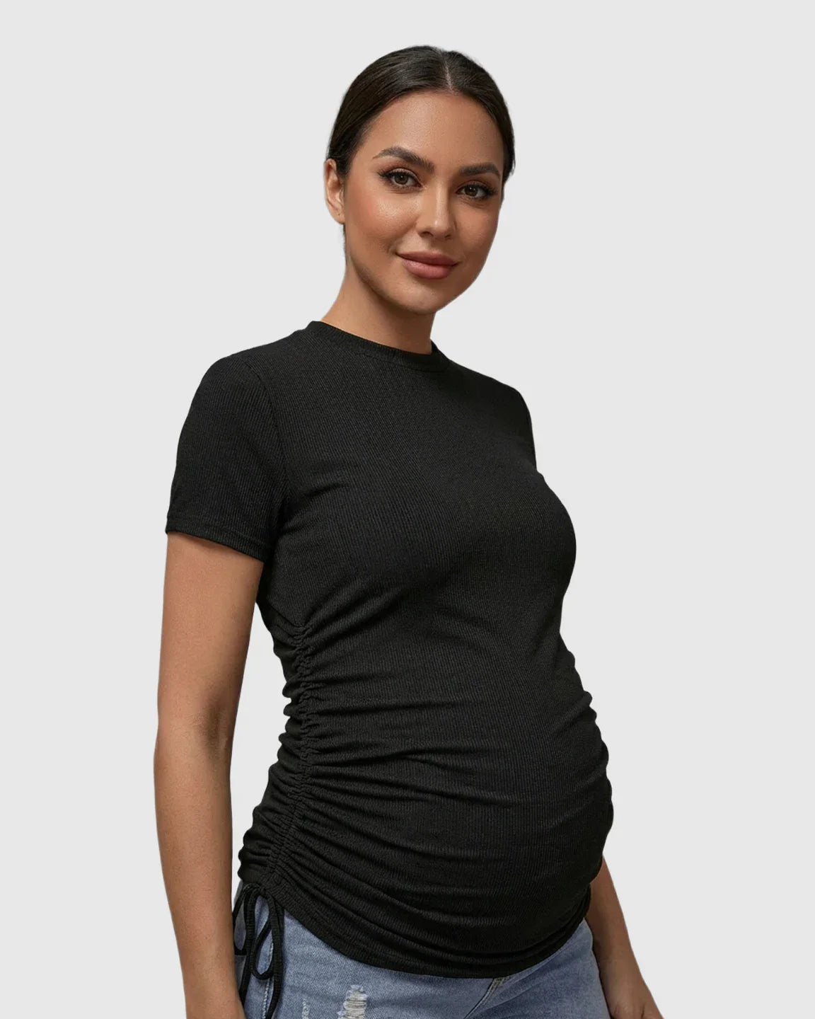 Bump Society – The Comfort Collection: Ruched Waist Casual Maternity Top With Denim Shorts