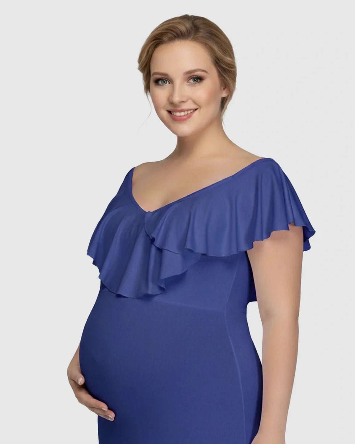 Bump Society – The Comfort Collection: Off-Shoulder Ruffled Bodycon Maternity Maxi Dress