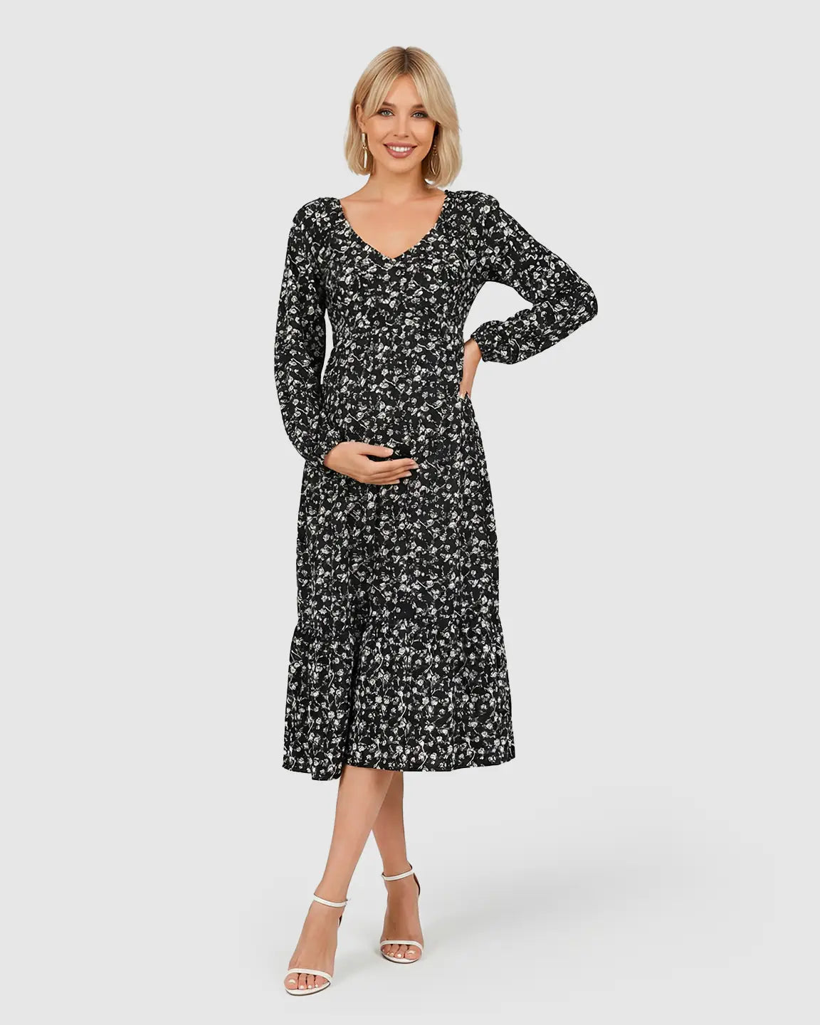Bump Society – The Comfort Collection: Long Sleeve Dark Floral Print Maternity Midi Dress