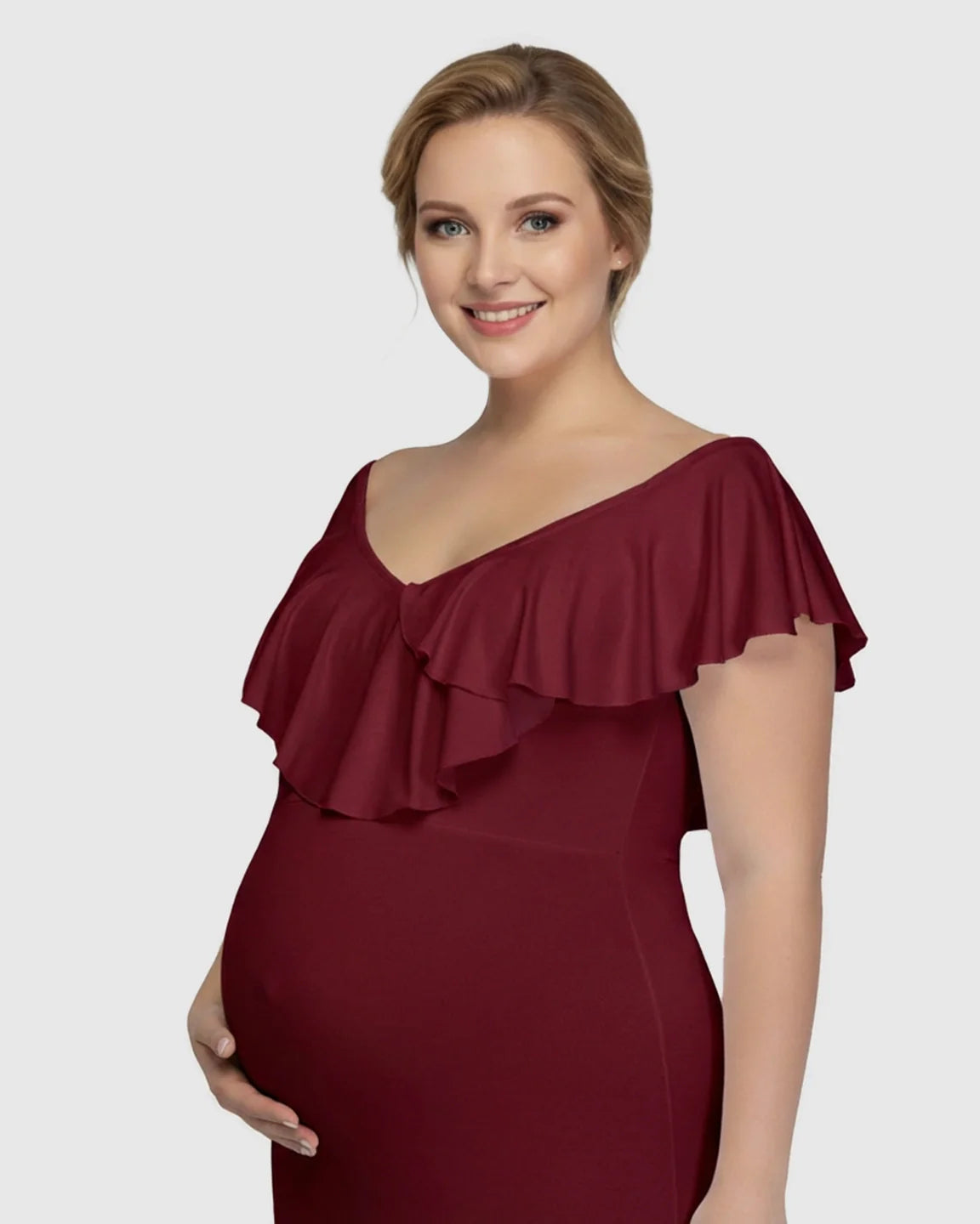 Bump Society – The Comfort Collection: Off-Shoulder Ruffled Bodycon Maternity Maxi Dress