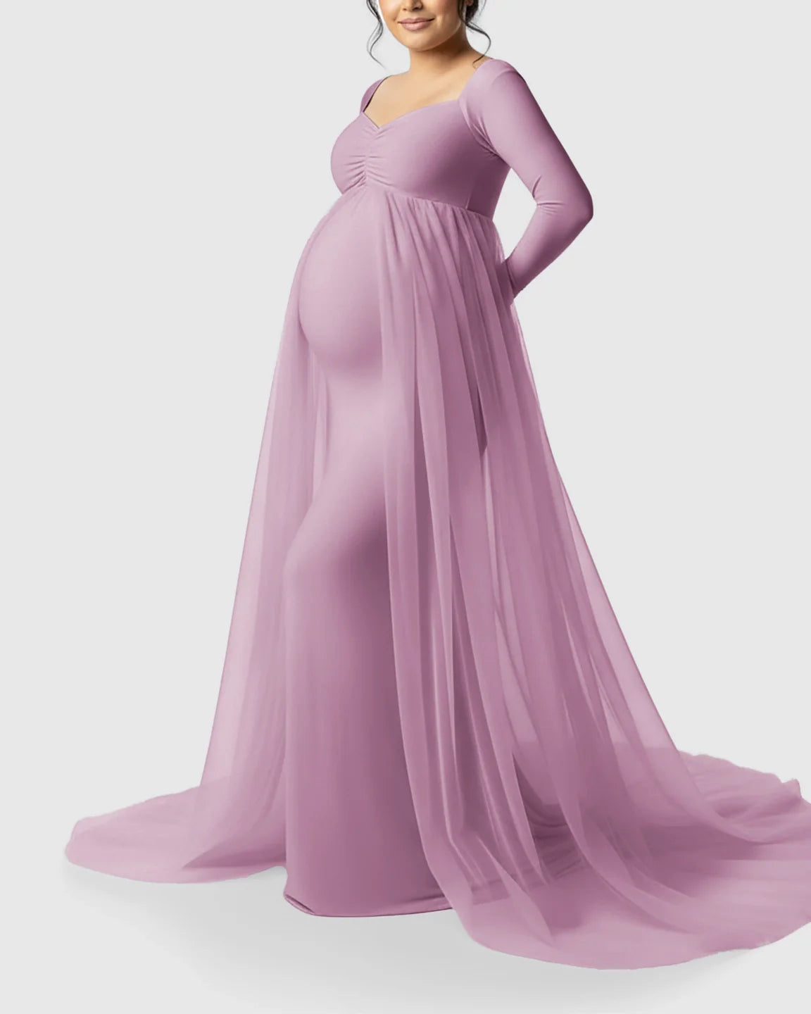 Bump Society – The Comfort Collection: Sheer Mesh Flowy Train Maternity Maxi Dress