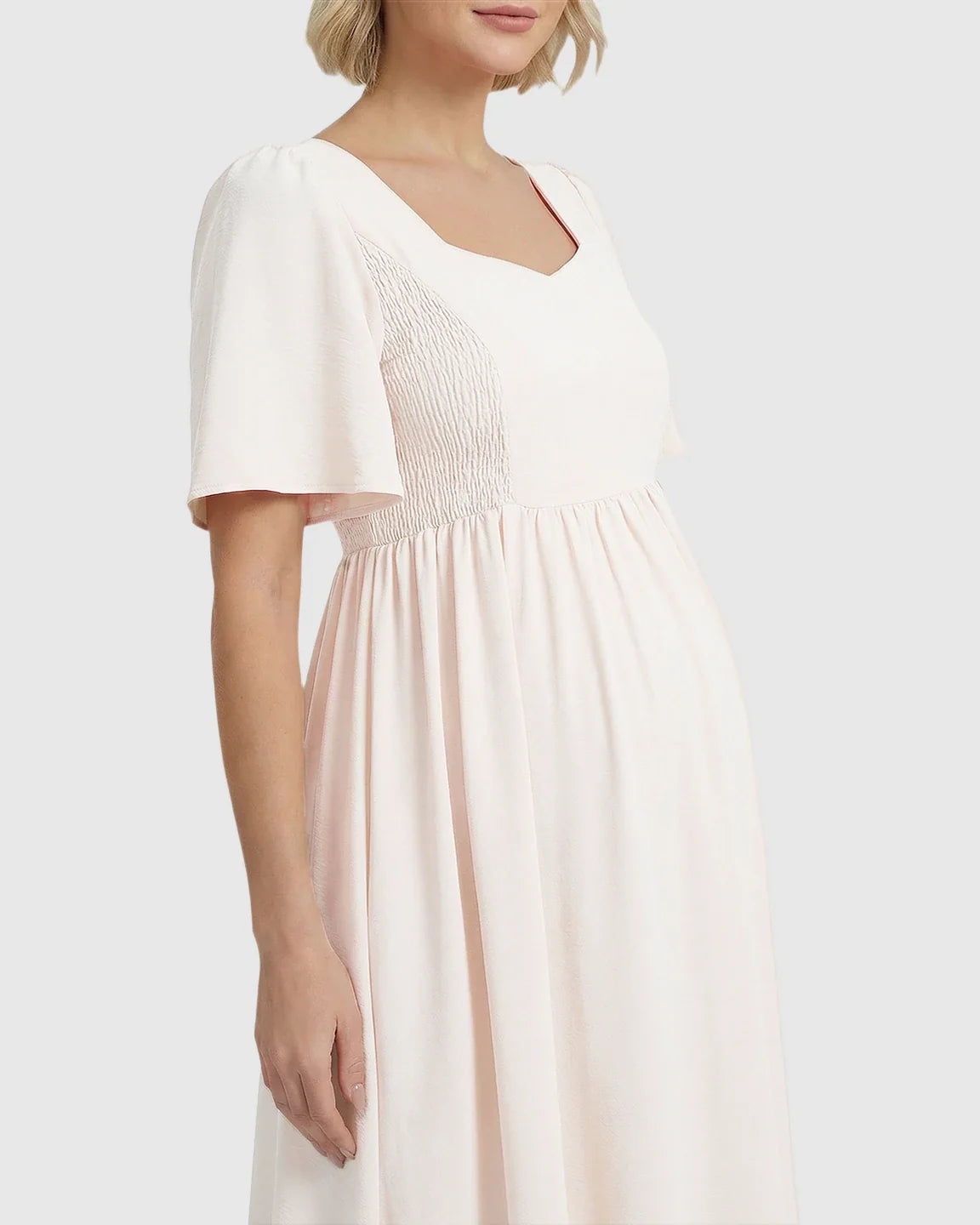 Bump Society – The Comfort Collection: Shirred Ruffle Sleeve Swing Maternity Midi Dress