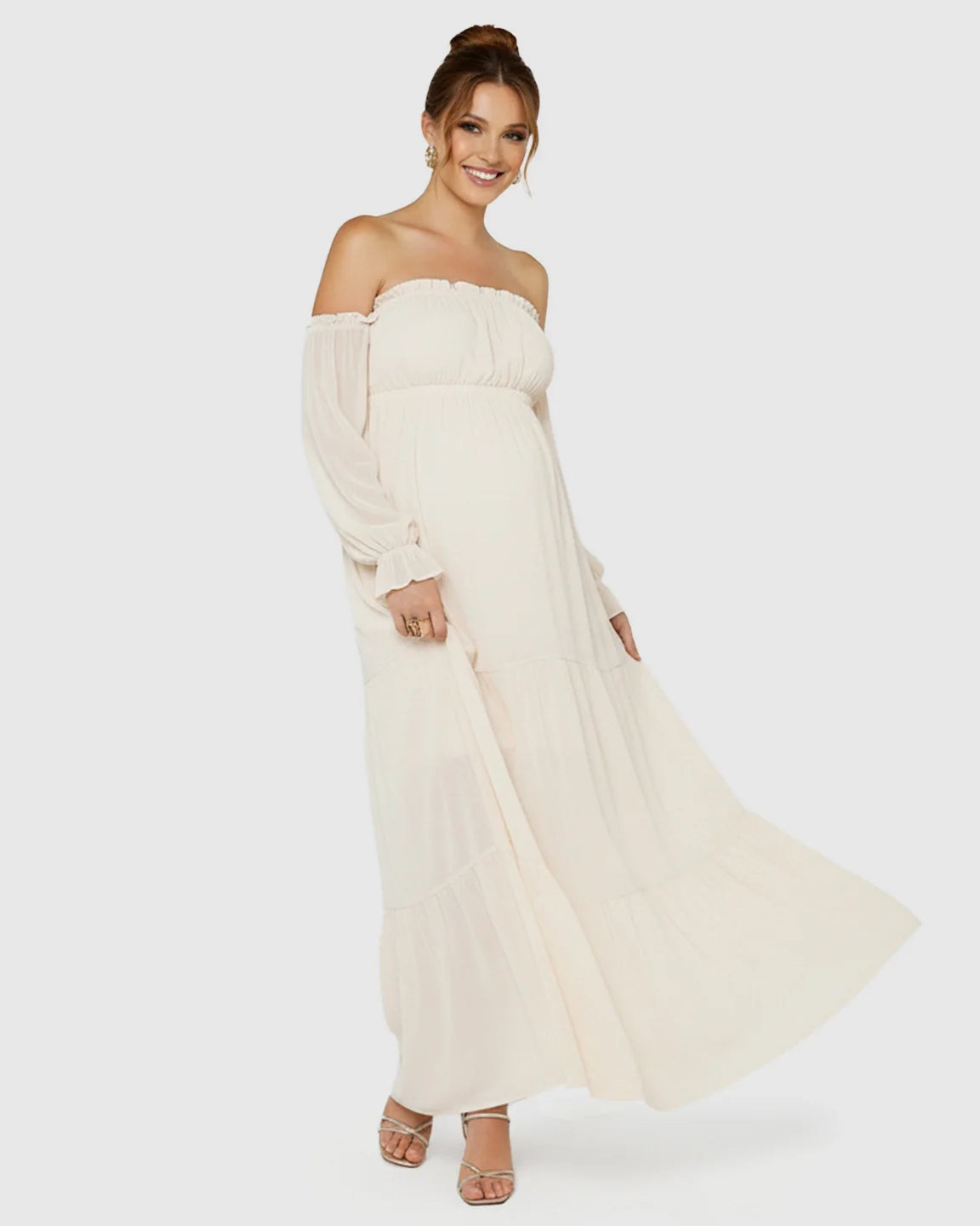 Bump Society – The Comfort Collection: Bardot-Neck Tiered Skirt Maternity Gown