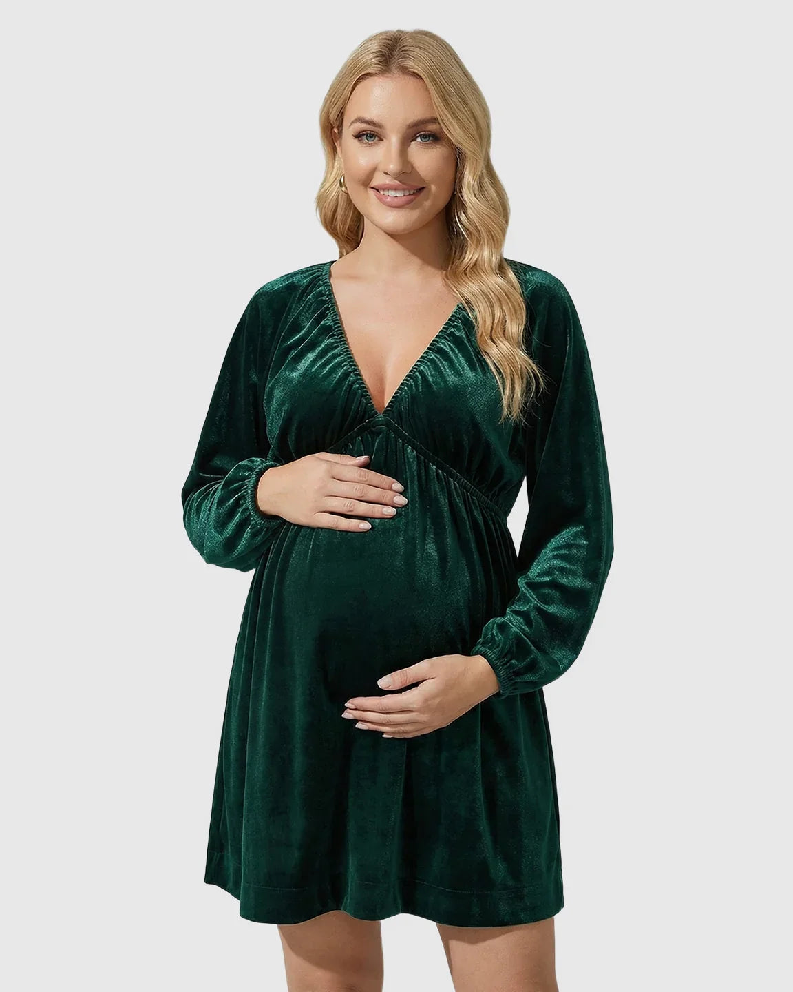 Bump Society – The Comfort Collection: Velvet V-Neck Bishop Sleeve Maternity Mini Dress