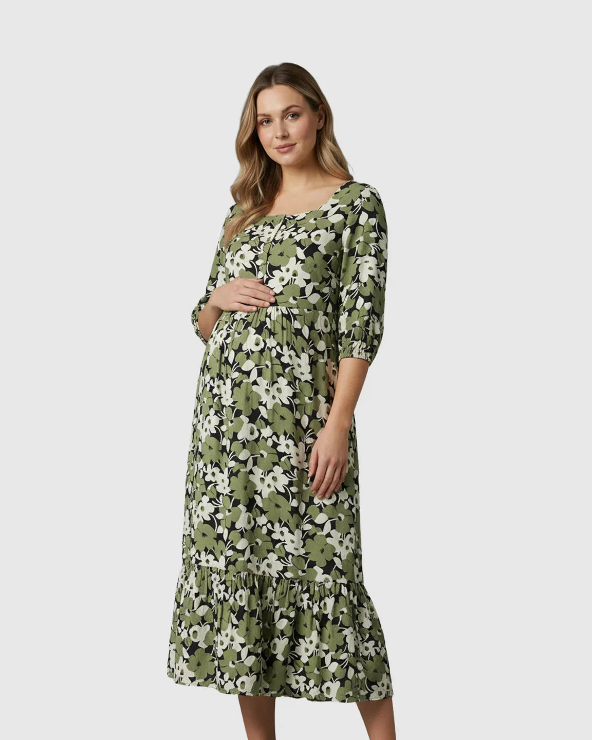 Bump Society – The Comfort Collection: Button Front Square Neck Maternity Midi Dress