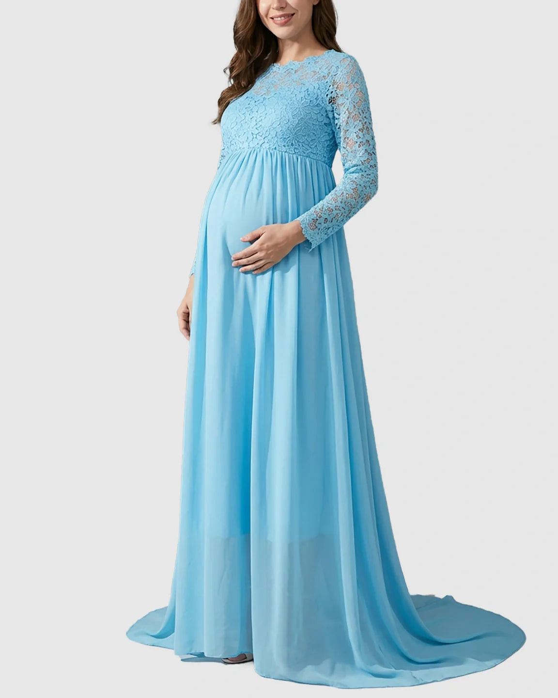 Bump Society – The Comfort Collection: Lace Bodice Trailing Skirt Maternity Photoshoot Gown