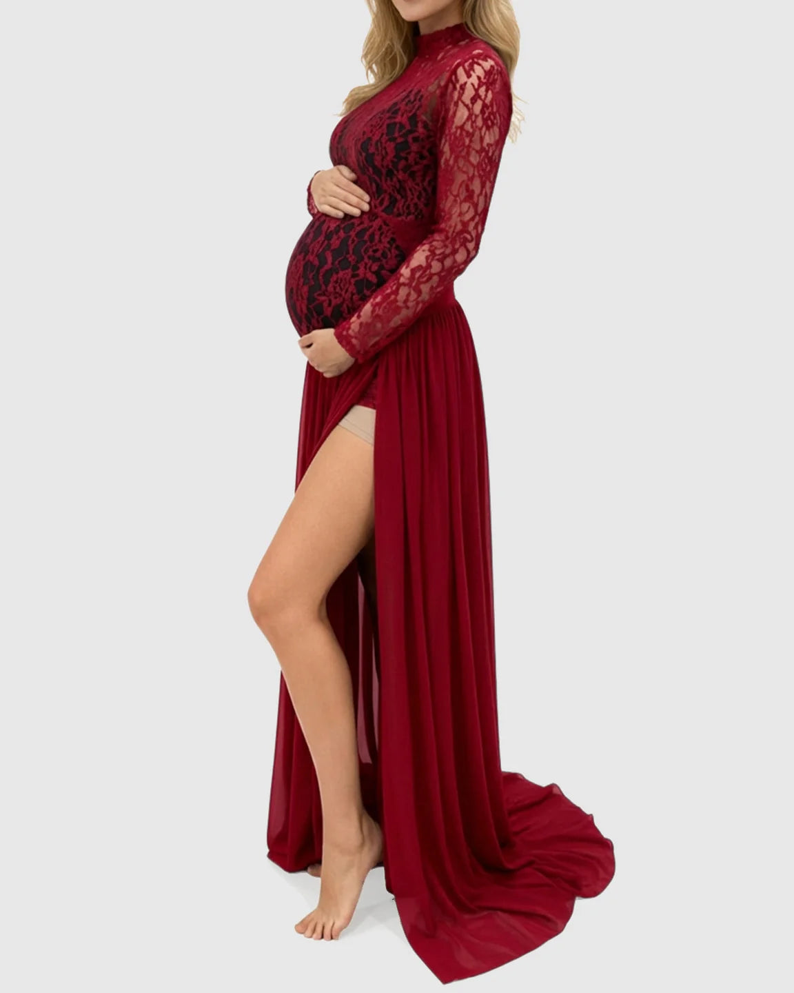 Bump Society – The Comfort Collection: Sheer Lace Double Slit Maternity Photoshoot Gown