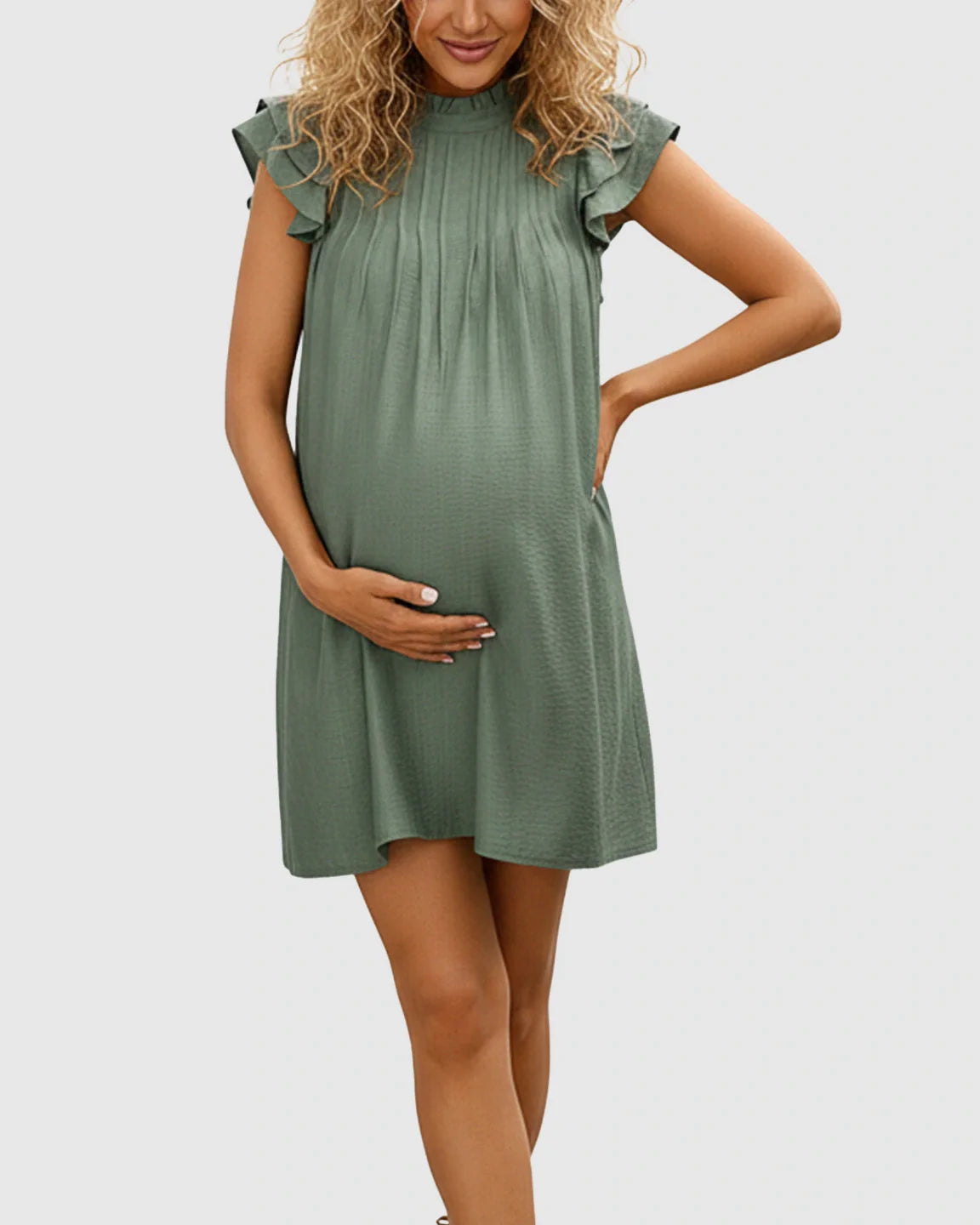 Bump Society – The Comfort Collection: Ruffle Sleeve Mock Neck Maternity Mini Dress
