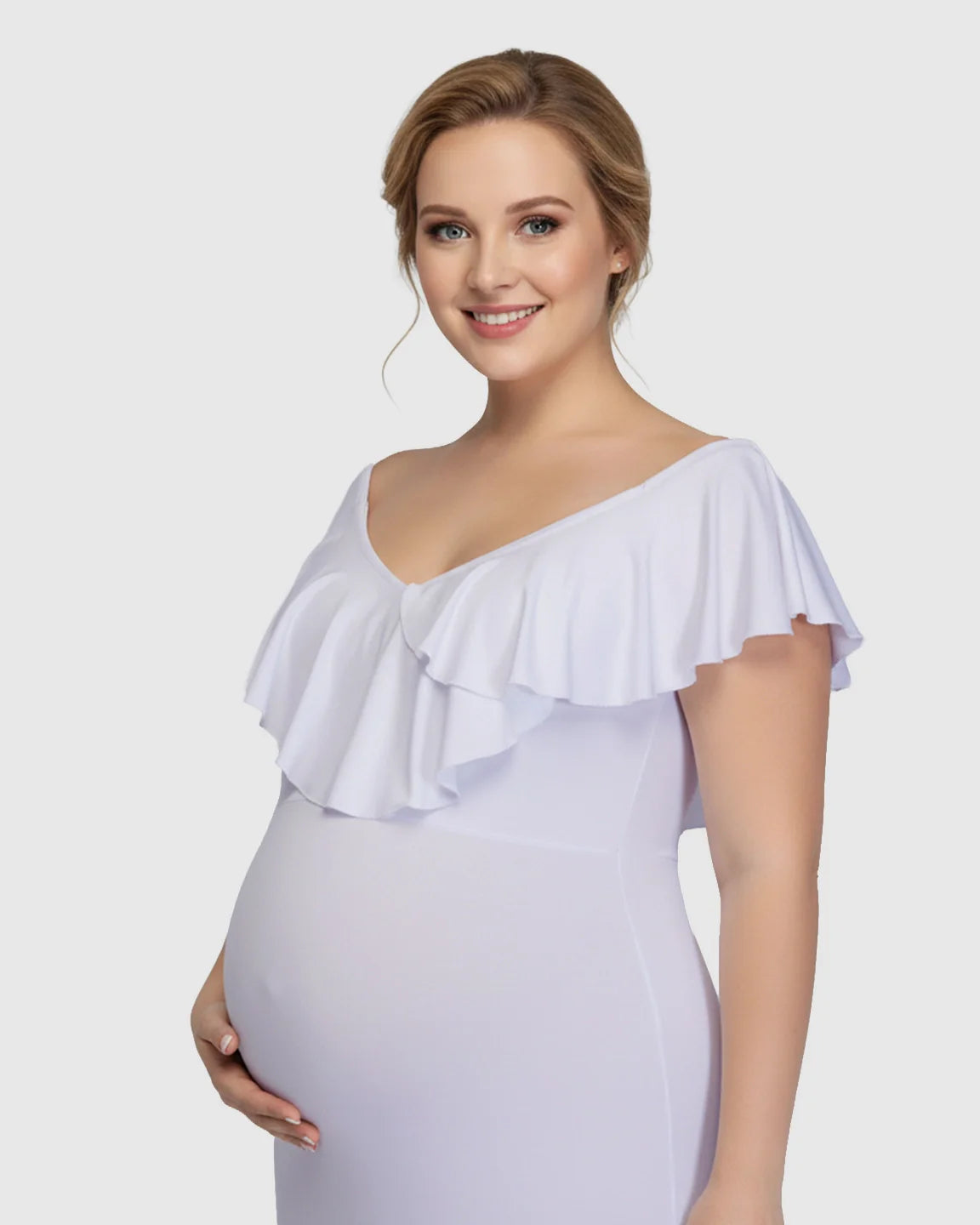 Bump Society – The Comfort Collection: Off-Shoulder Ruffled Bodycon Maternity Maxi Dress