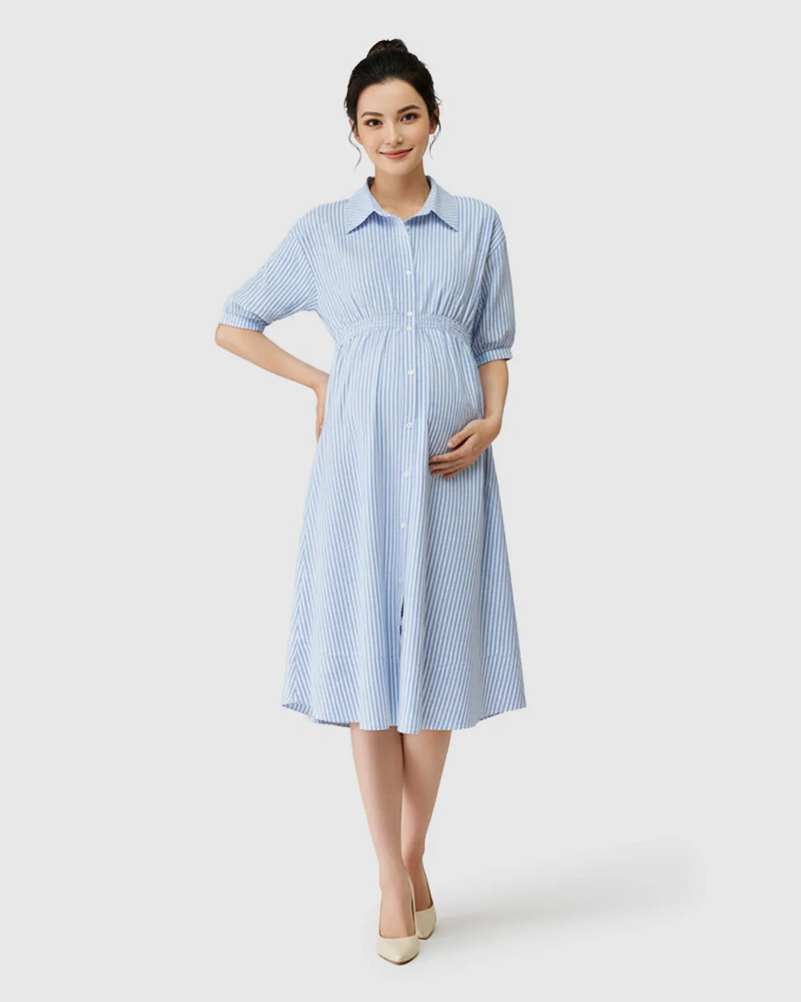 Bump Society – The Comfort Collection: Gathered Waist Striped Shirt Maternity Dress