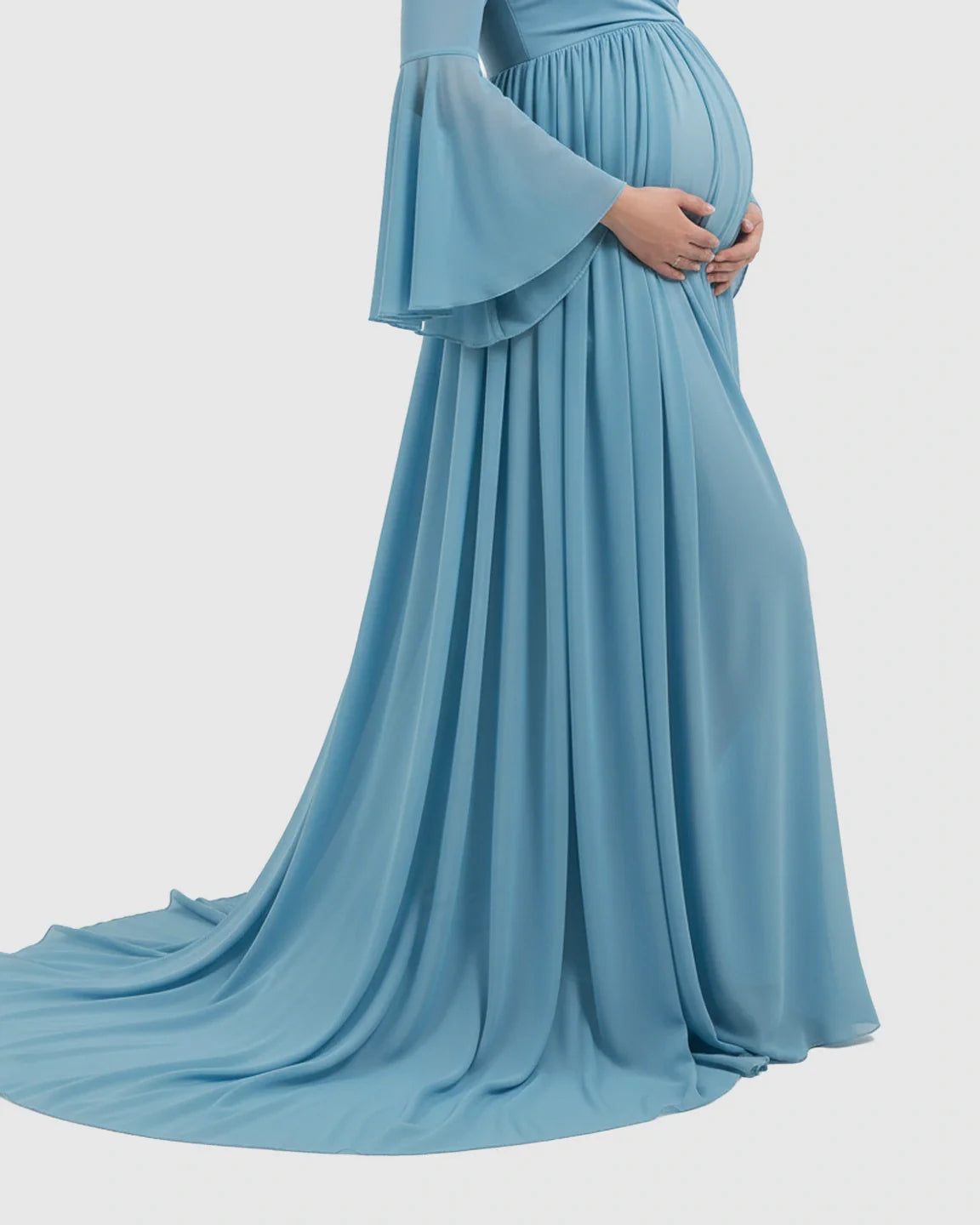 Maternity photoshoot gown in light blue chiffon with bell sleeves and a super long train.