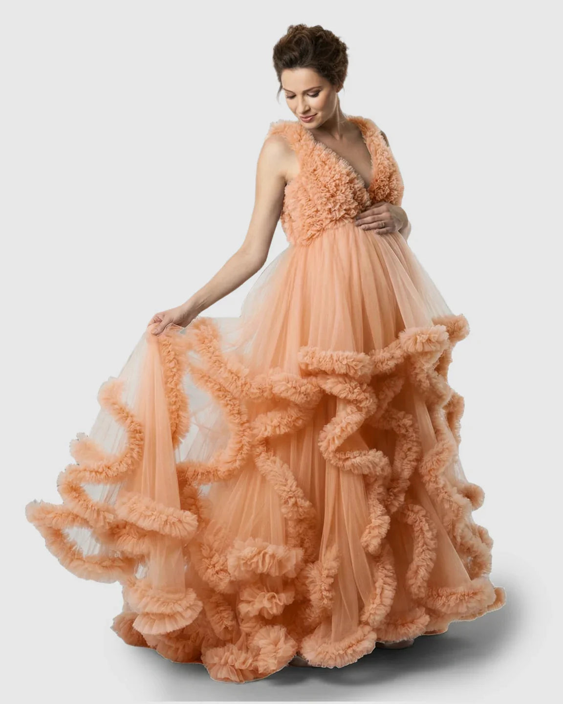 Bump Society – The Comfort Collection: Ruffled Bodice Multi-Layer Mesh Pleats Maternity Gown