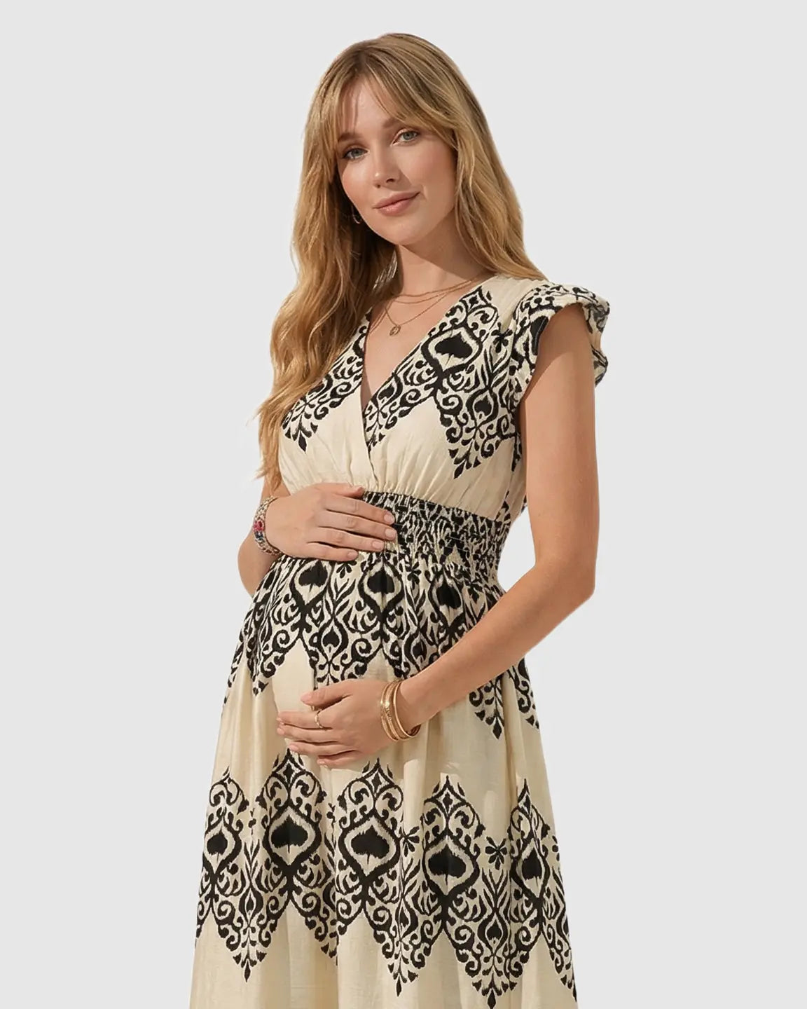 Bump Society – The Comfort Collection: V-neck Ethnic Print Maternity Maxi Dress