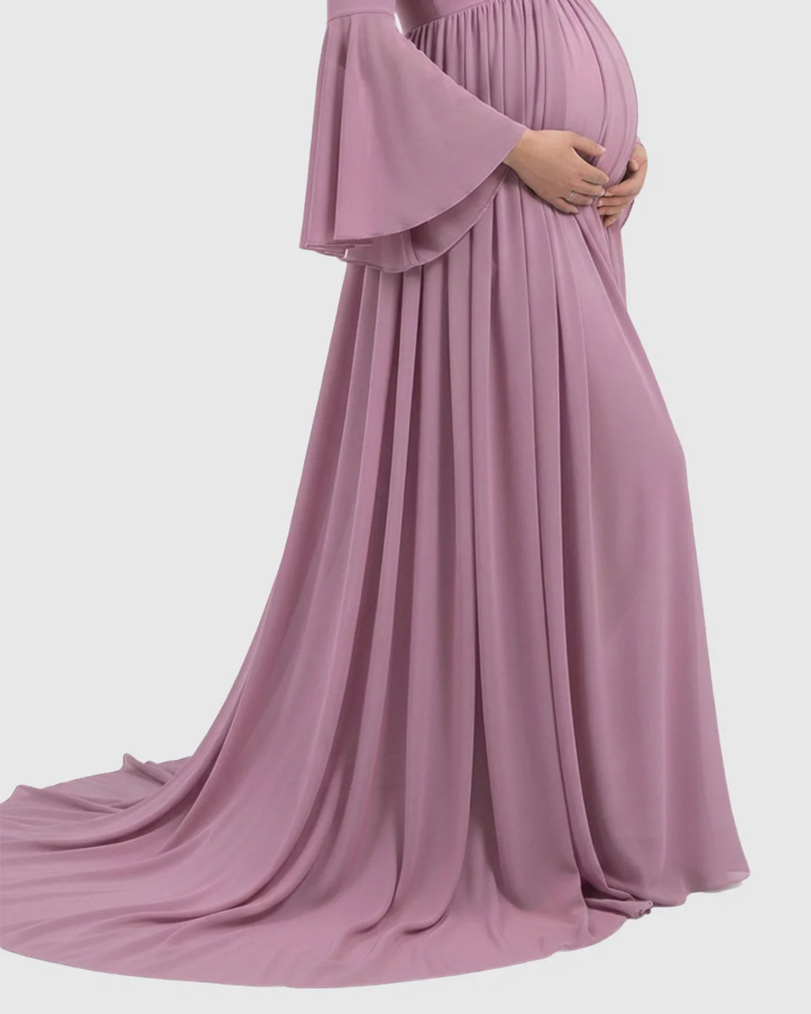 Mauve chiffon maternity gown with bell sleeves and a long train, flowing over a pregnant belly.