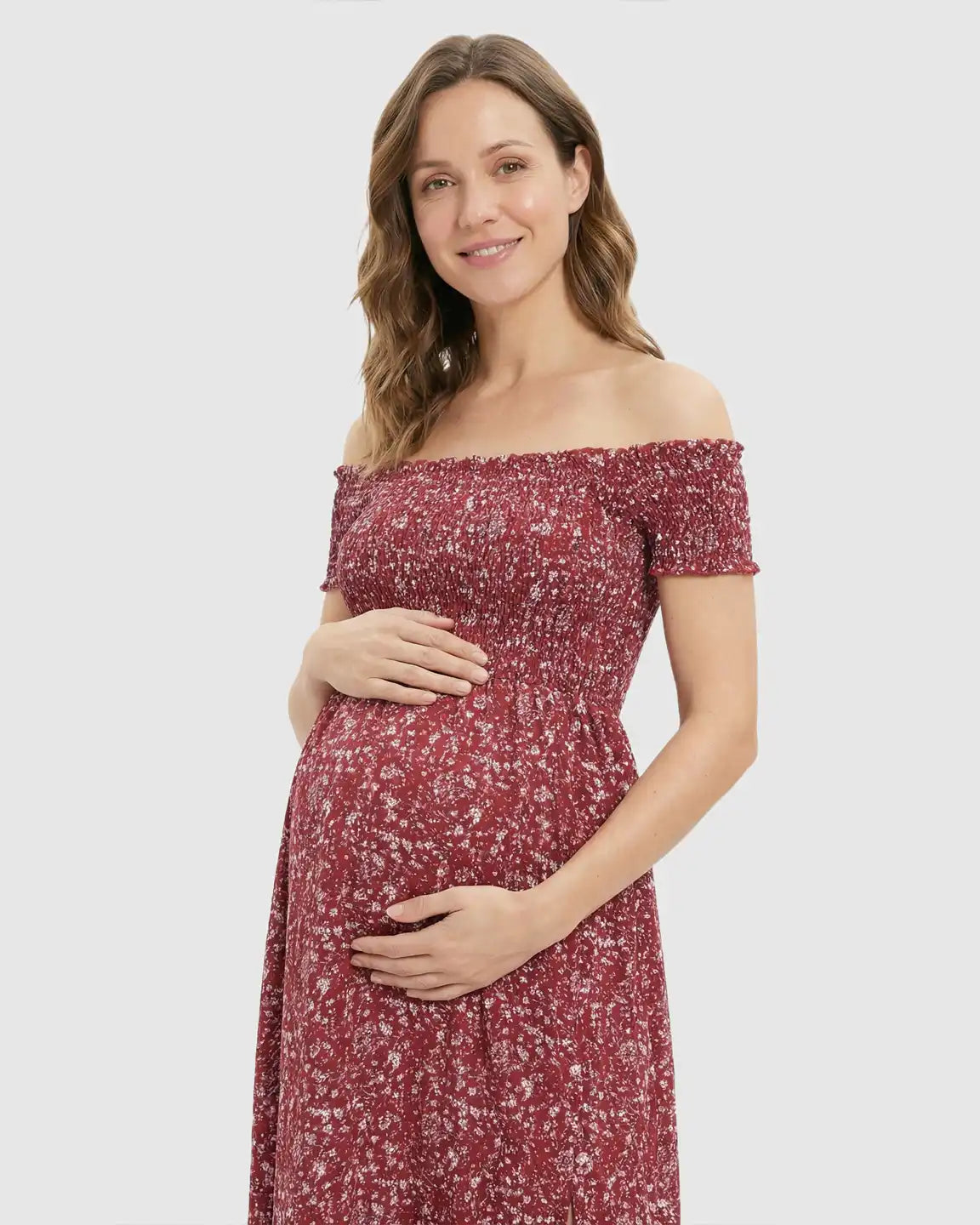 Bump Society – The Comfort Collection: Off-Shoulder Floral Pattern Maternity Maxi Dress