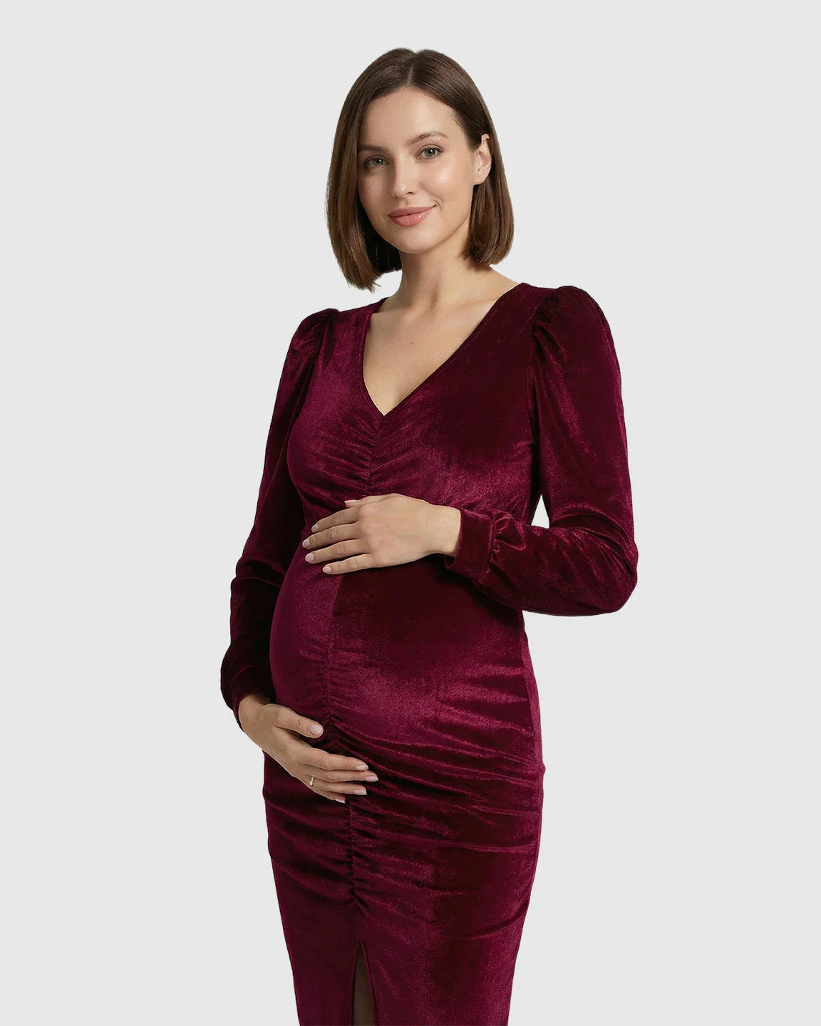 Bump Society – The Comfort Collection: Puffed Velvet Sleeves Bodycon Maternity Evening Gown