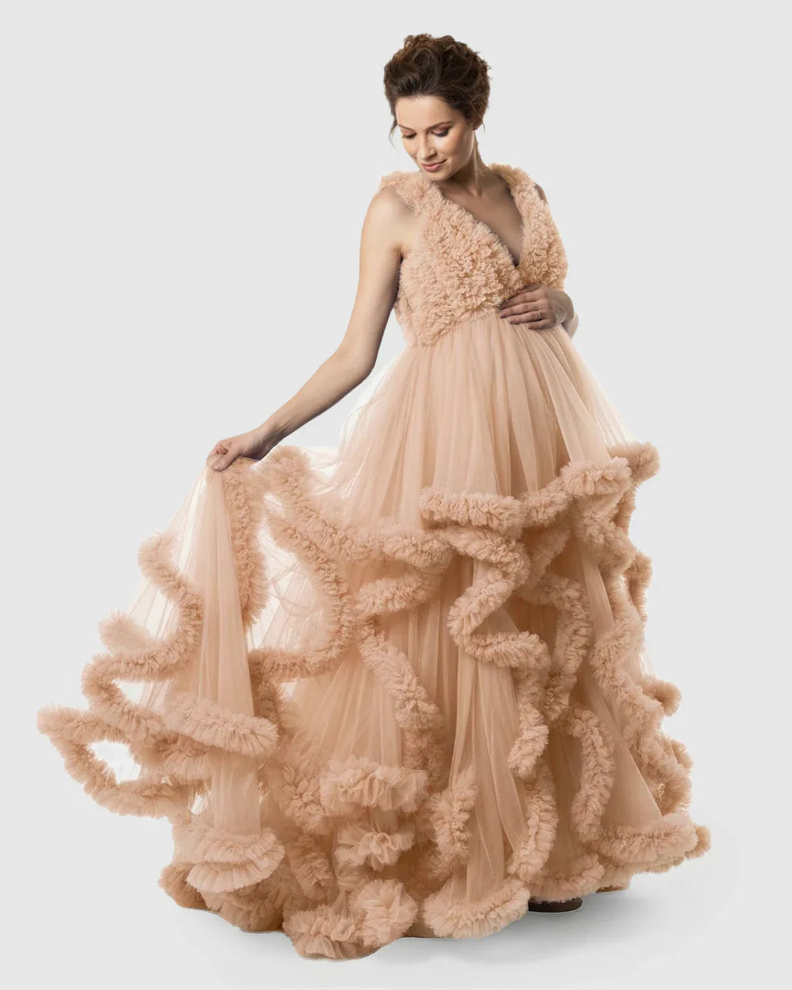 Bump Society – The Comfort Collection: Ruffled Bodice Multi-Layer Mesh Pleats Maternity Gown