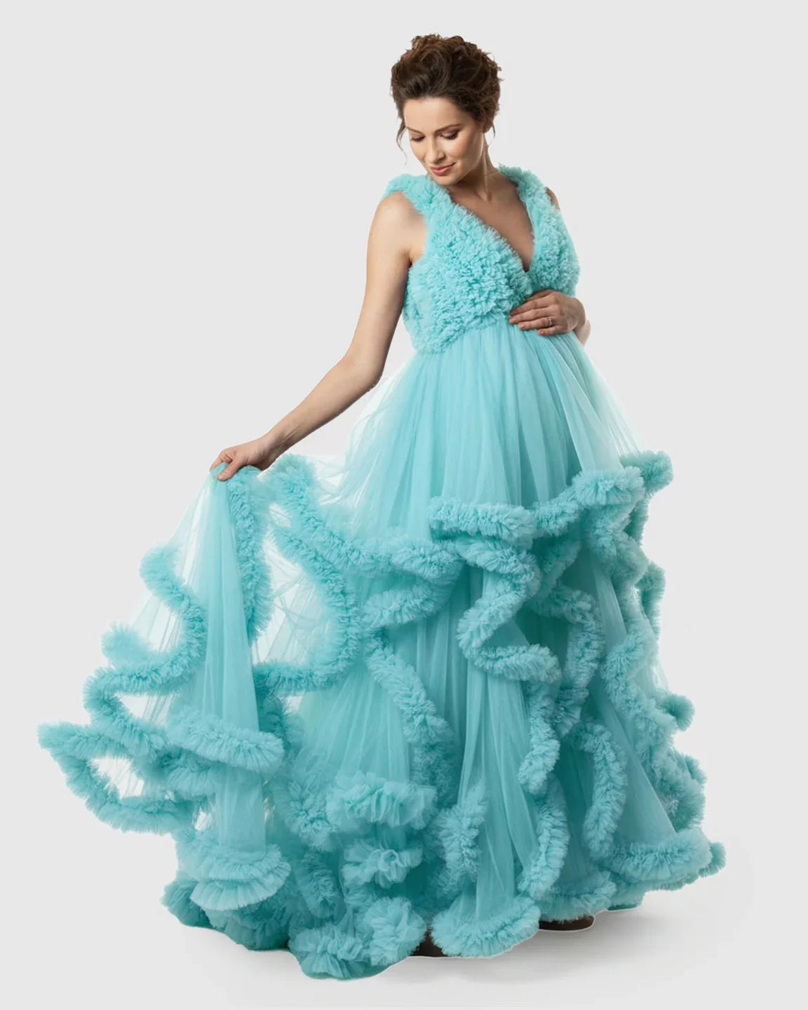 Bump Society – The Comfort Collection: Ruffled Bodice Multi-Layer Mesh Pleats Maternity Gown