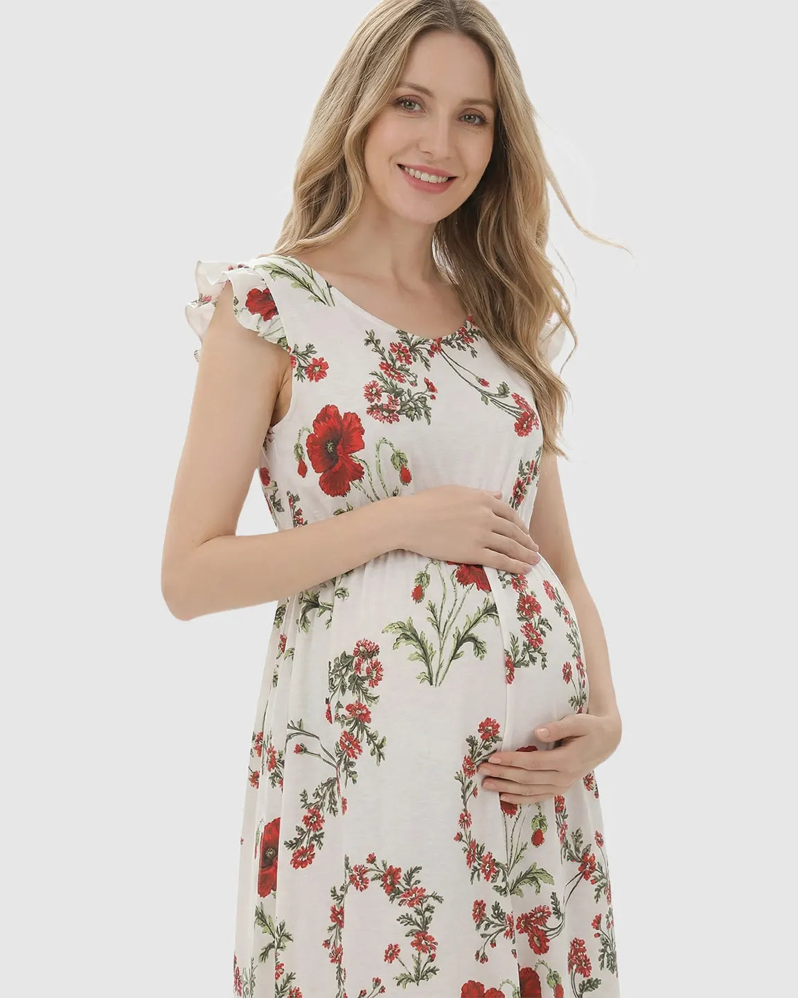 Bump Society – The Comfort Collection: Ruffle Shoulder Floral Maternity Maxi Dress