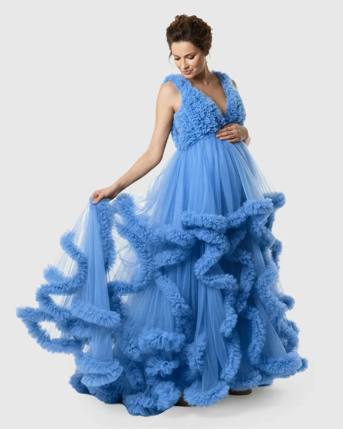 Bump Society – The Comfort Collection: Ruffled Bodice Multi-Layer Mesh Pleats Maternity Gown