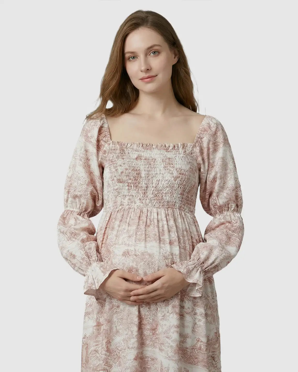 Bump Society – The Comfort Collection: Puffed Long-Sleeve Tiered Skirt Maternity Maxi Dress