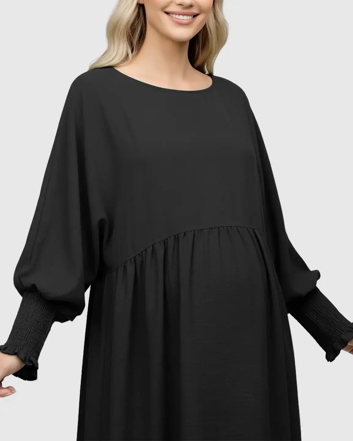 Black smocked sleeve maternity dress with round neckline and relaxed fit, perfect for comfort.