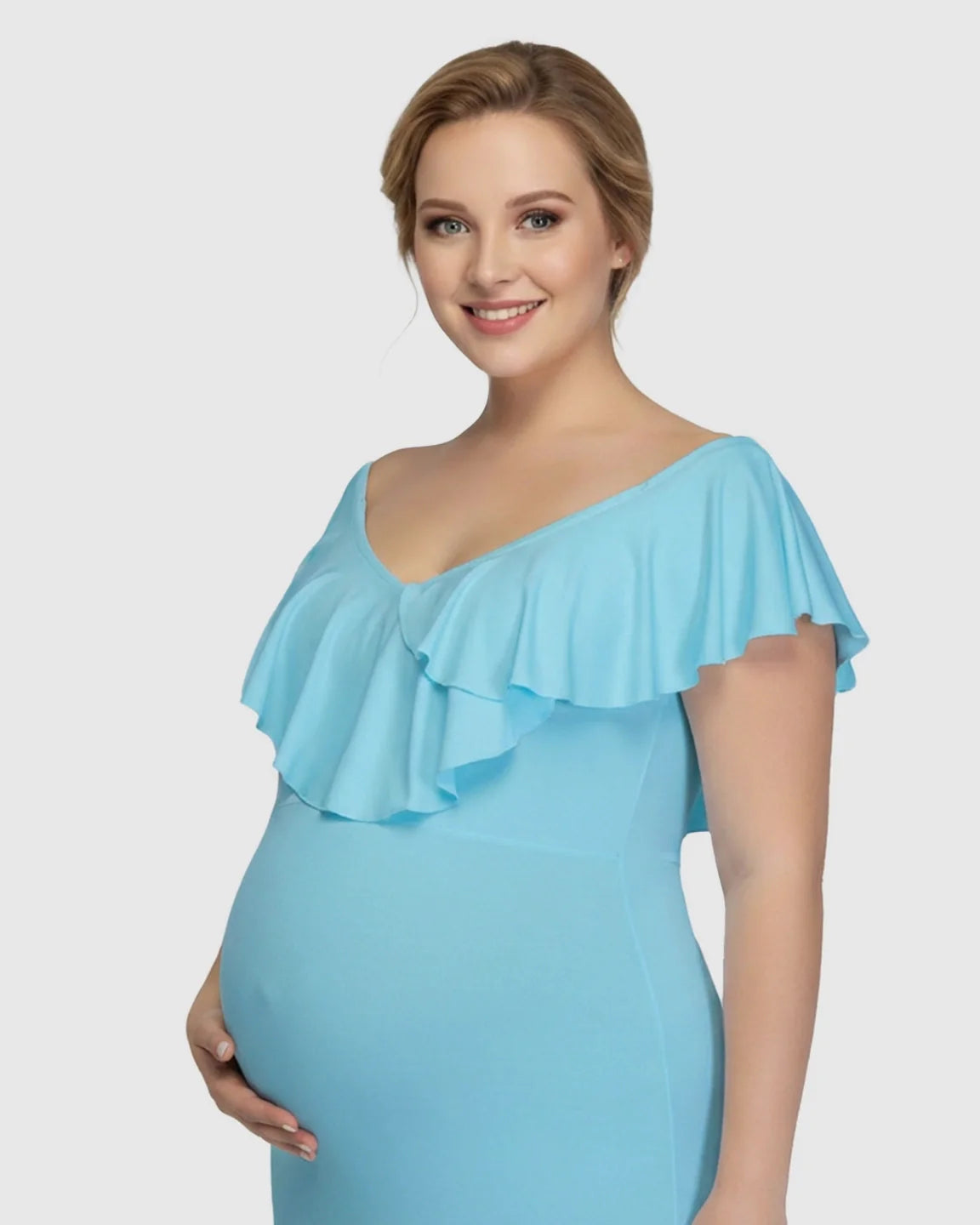 Bump Society – The Comfort Collection: Off-Shoulder Ruffled Bodycon Maternity Maxi Dress