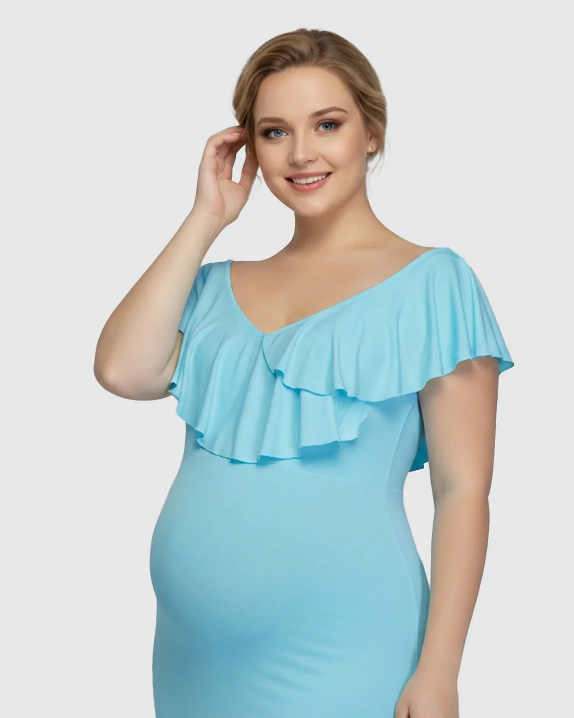 Bump Society – The Comfort Collection: Off-Shoulder Ruffled Bodycon Maternity Maxi Dress