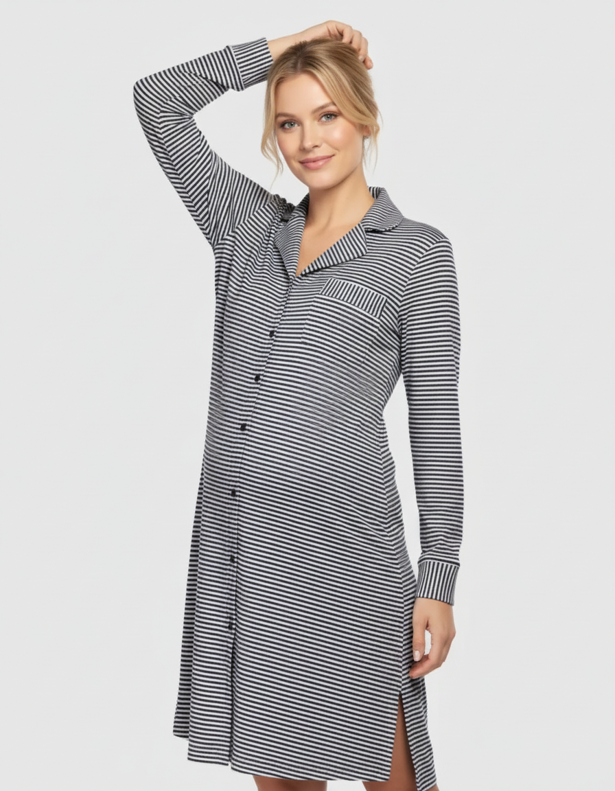 The Sleep Collection  Striped Button Front Shirt Style Maternity Sleepwear